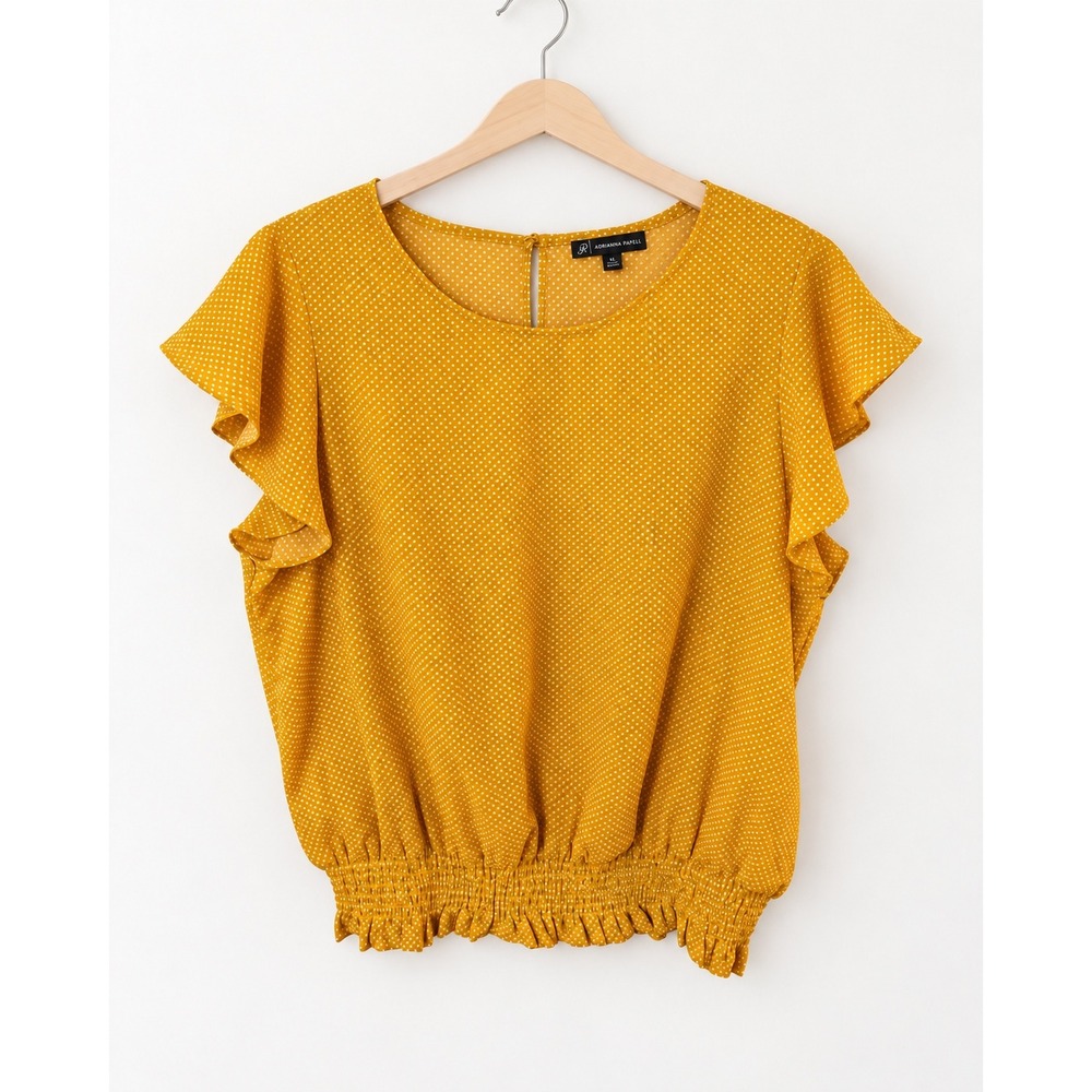 Adrianna Papell Mustard Yellow Polka Dot Flutter Sleeve Smocked Blouse XL